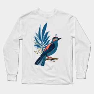 Vintage decorative tropical flowers and exotic blue bird, floral Art trendy design Holiday decoration Boho chic Long Sleeve T-Shirt